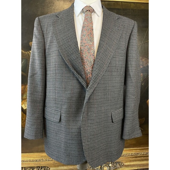 VTG Stafford 44S‎ Gray Houndstooth Check Wool Blend Tweed 2 Roll 1 Sport Coat
